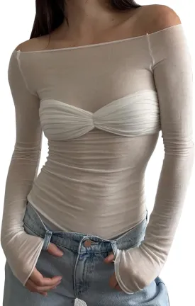 Women's Sexy Crop Top Long Sleeve Off Shoulder Going Out Tops Slim Fit Mesh Ruched Twisted Blouse Y2K T Shirt