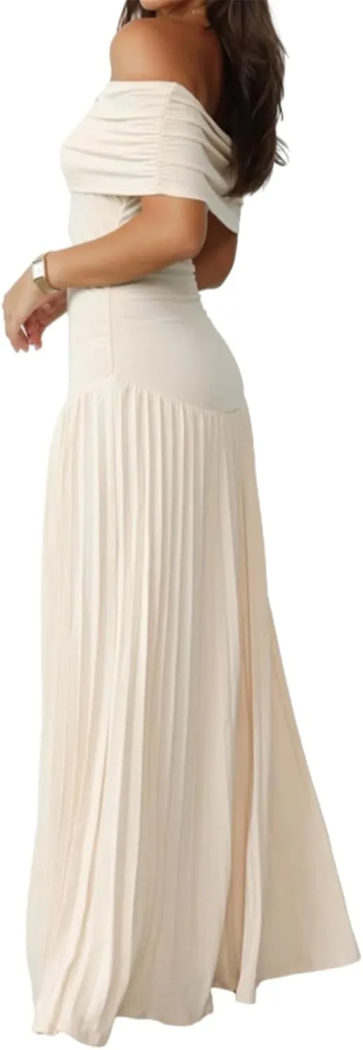 Womens Sexy Off Shoulder Bodycon Pleated Ruffles Party Clubwear Long Dress