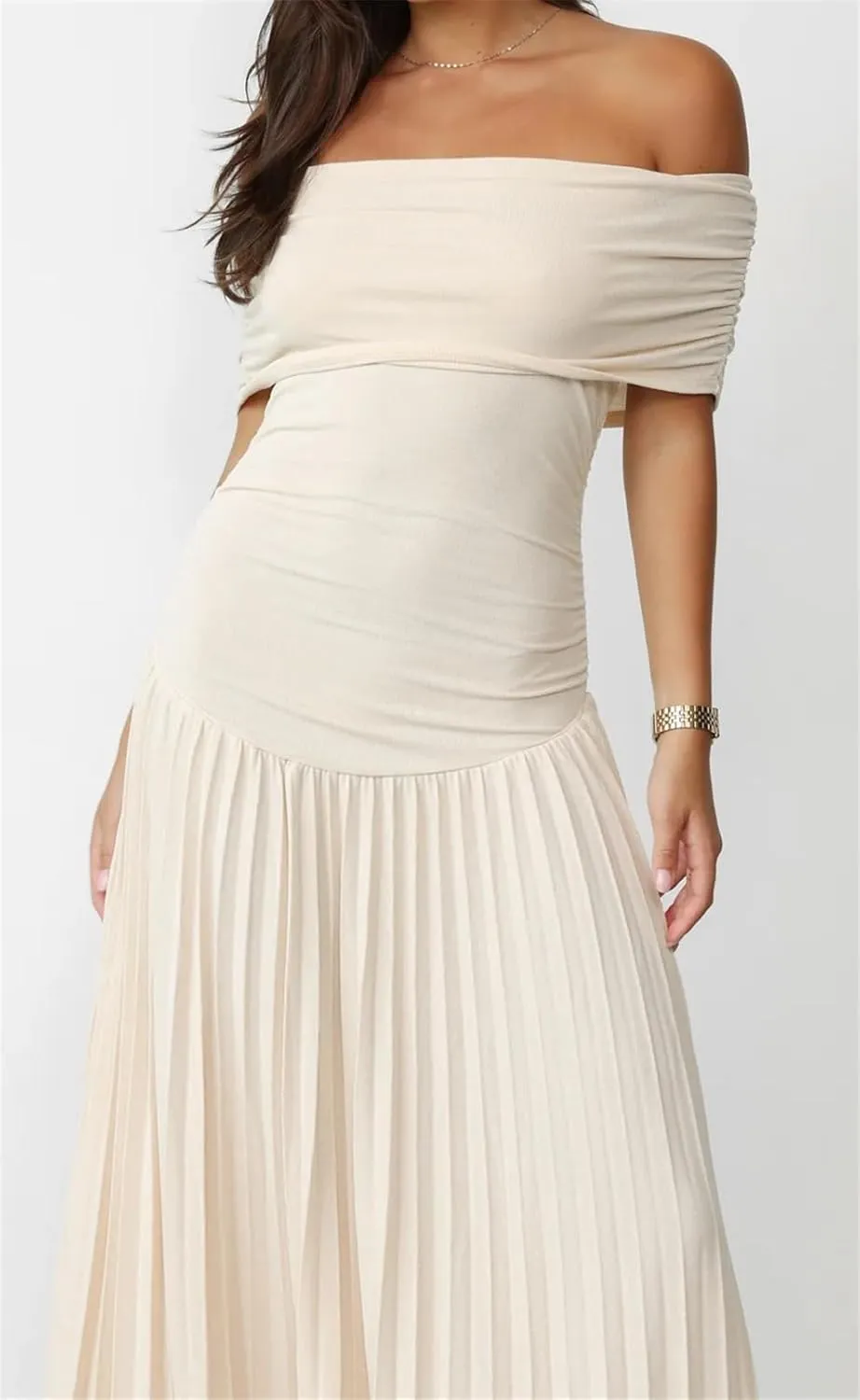Womens Sexy Off Shoulder Bodycon Pleated Ruffles Party Clubwear Long Dress