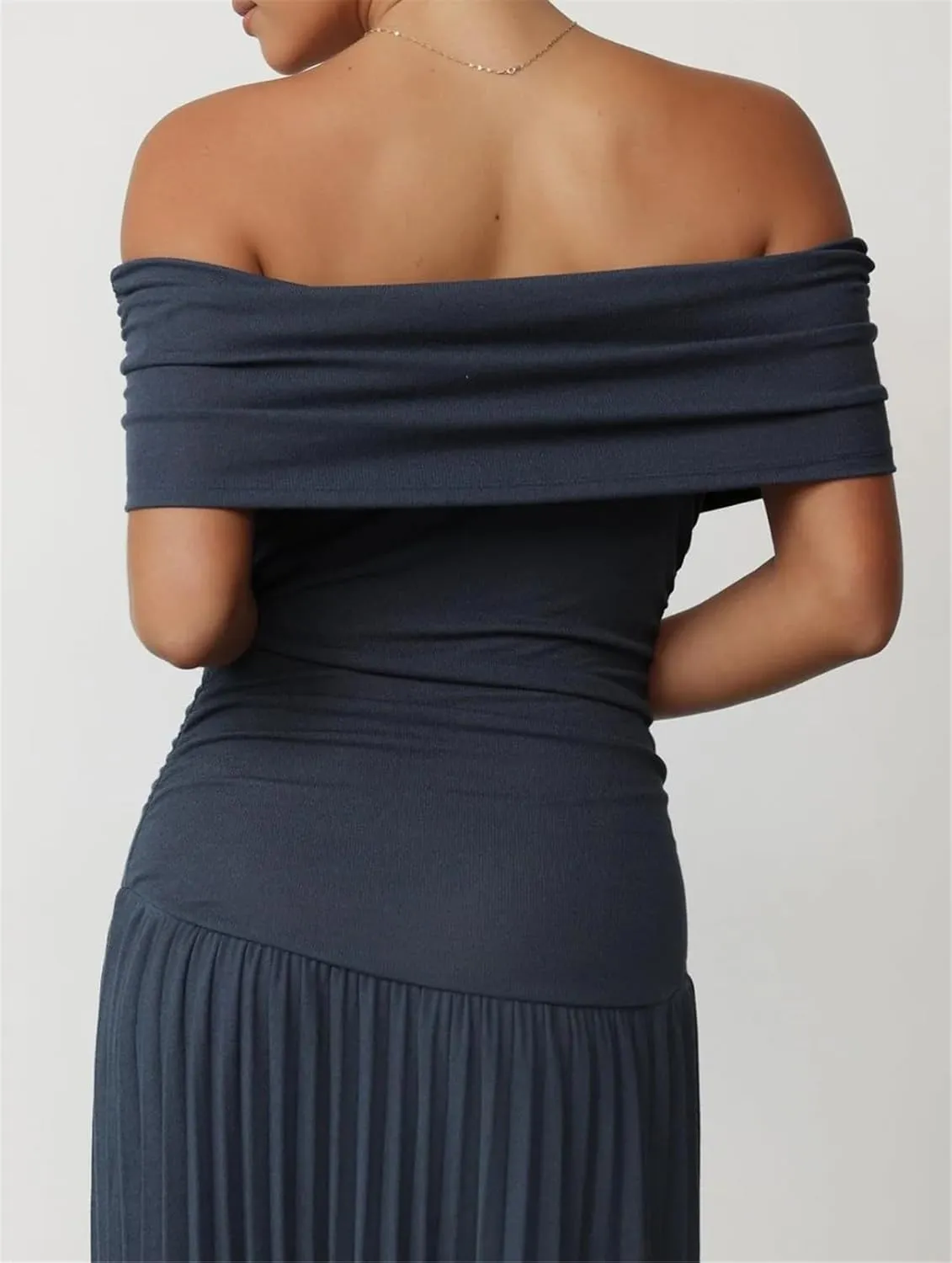 Womens Sexy Off Shoulder Bodycon Pleated Ruffles Party Clubwear Long Dress