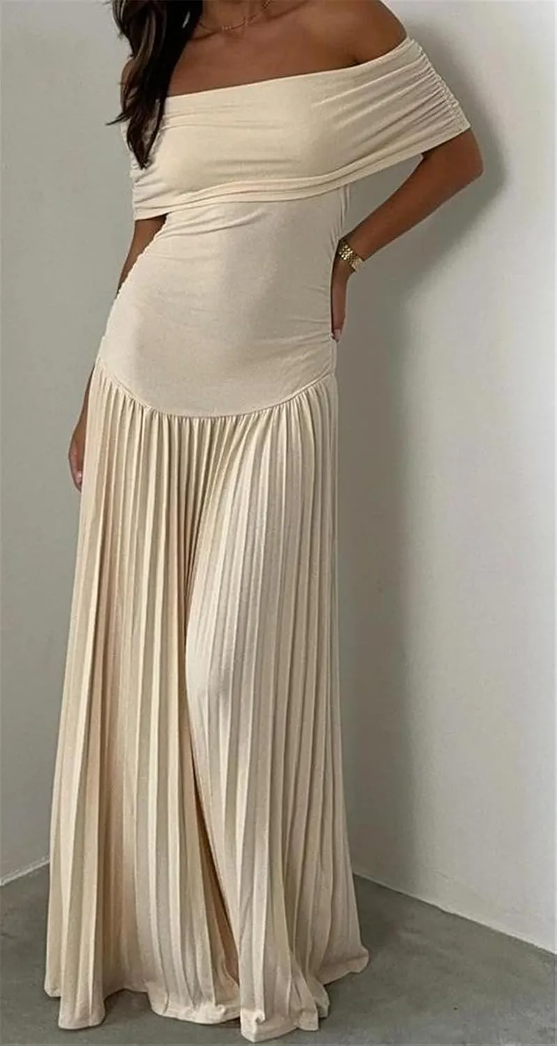 Womens Sexy Off Shoulder Bodycon Pleated Ruffles Party Clubwear Long Dress