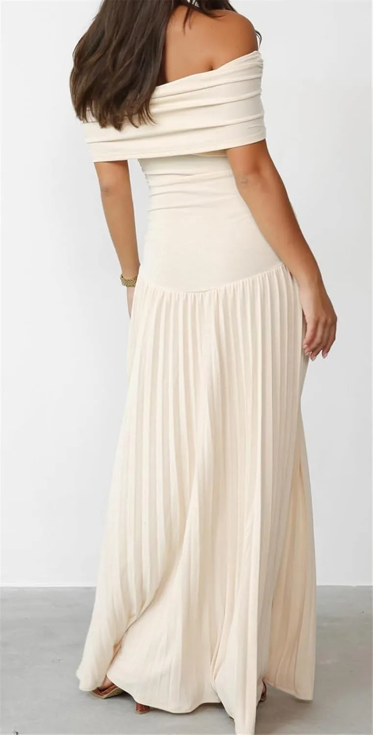Womens Sexy Off Shoulder Bodycon Pleated Ruffles Party Clubwear Long Dress