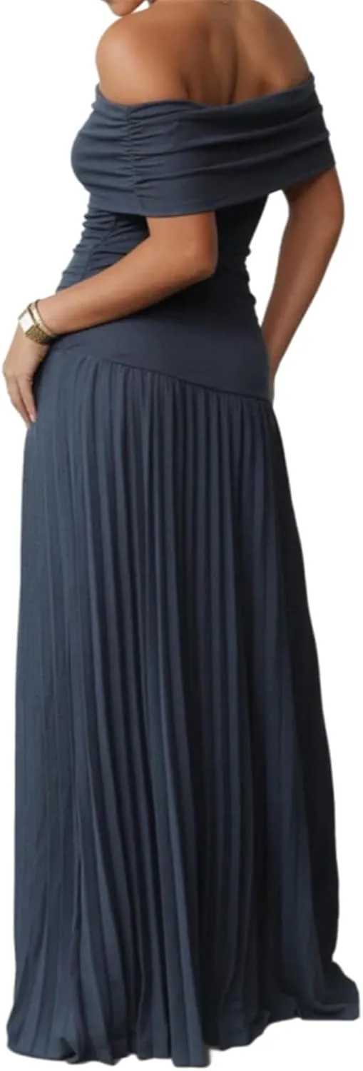 Womens Sexy Off Shoulder Bodycon Pleated Ruffles Party Clubwear Long Dress