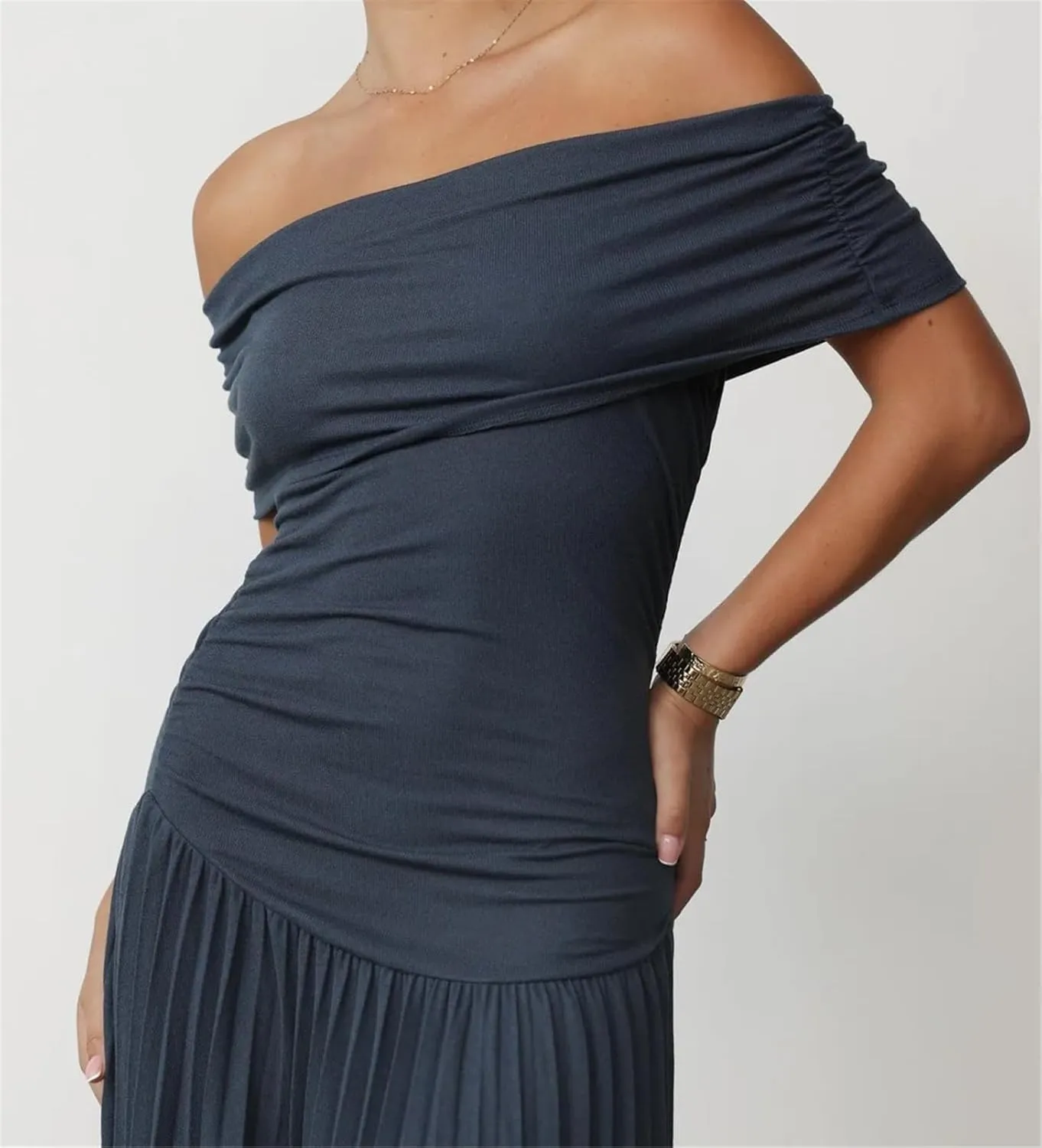Womens Sexy Off Shoulder Bodycon Pleated Ruffles Party Clubwear Long Dress
