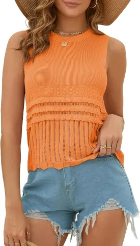 Womens Summer Crop Knit Tank Tops Sweater Tank Crew Neck Sleeveless Pullover Top Crochet Hem Vest 2025 Summer