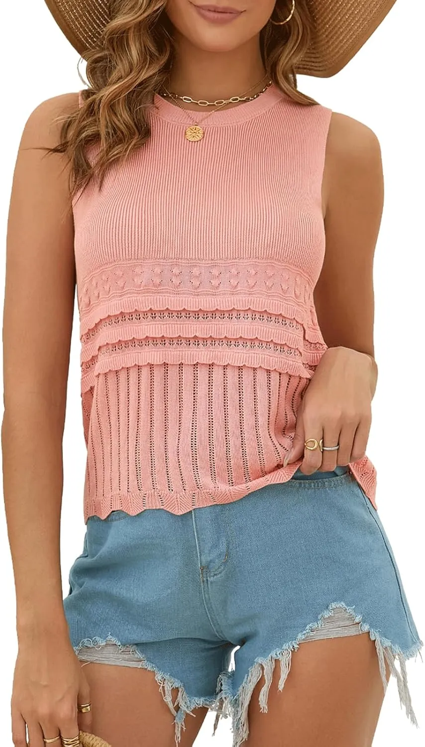 Womens Summer Crop Knit Tank Tops Sweater Tank Crew Neck Sleeveless Pullover Top Crochet Hem Vest 2025 Summer
