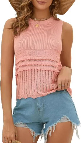 Womens Summer Crop Knit Tank Tops Sweater Tank Crew Neck Sleeveless Pullover Top Crochet Hem Vest 2025 Summer