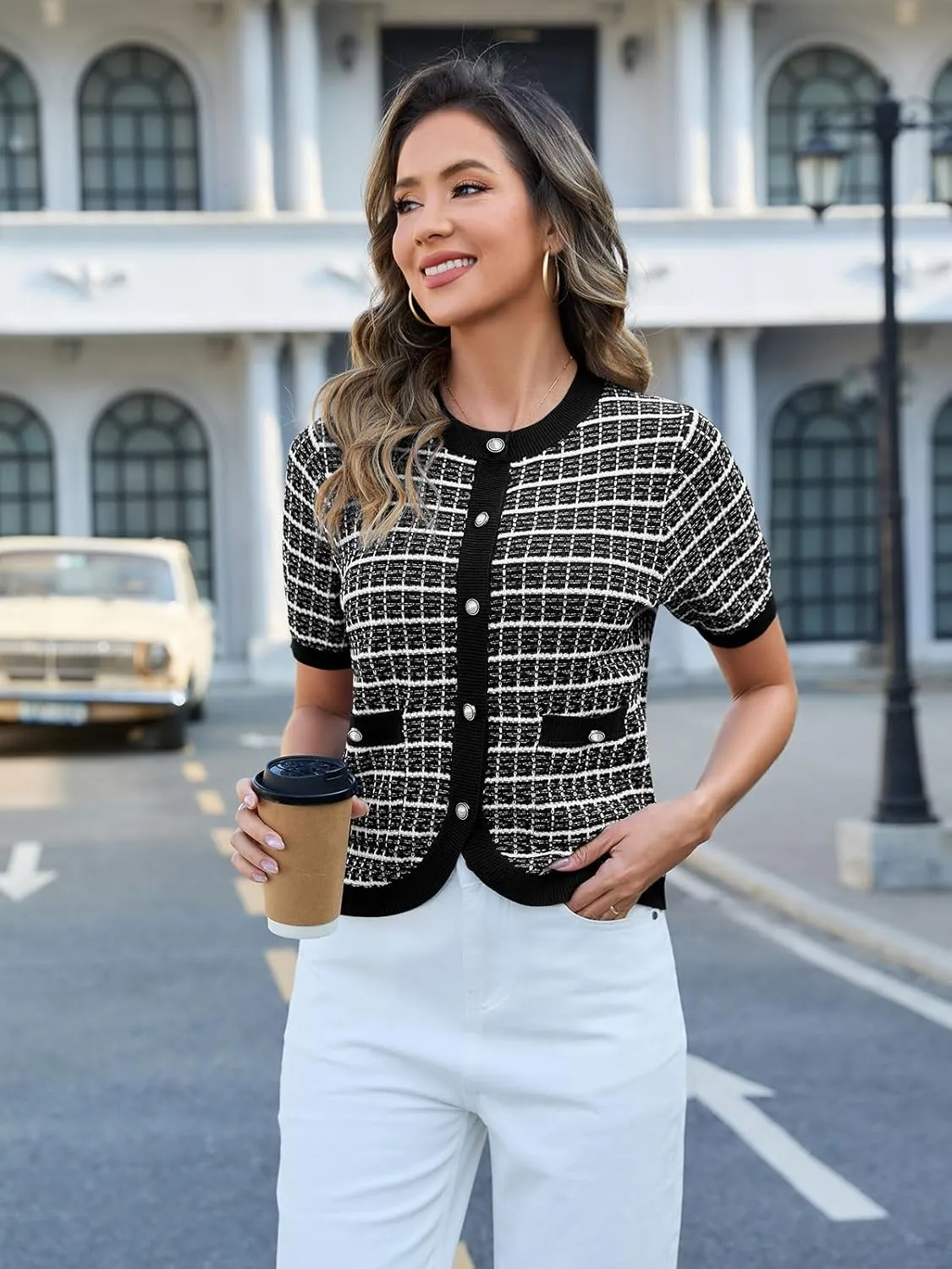 Women's Summer Short Sleeve Cardigans Cropped Tweed Blazers Button Up Knitted Sweater Jacket for Dress with Pockets