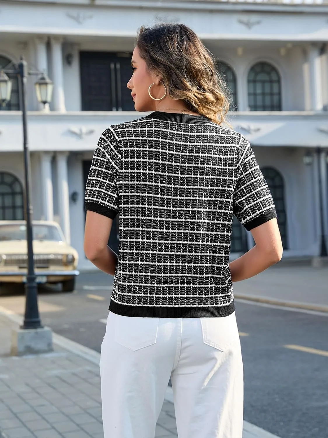 Women's Summer Short Sleeve Cardigans Cropped Tweed Blazers Button Up Knitted Sweater Jacket for Dress with Pockets