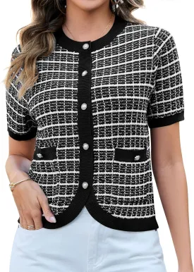 Women's Summer Short Sleeve Cardigans Cropped Tweed Blazers Button Up Knitted Sweater Jacket for Dress with Pockets