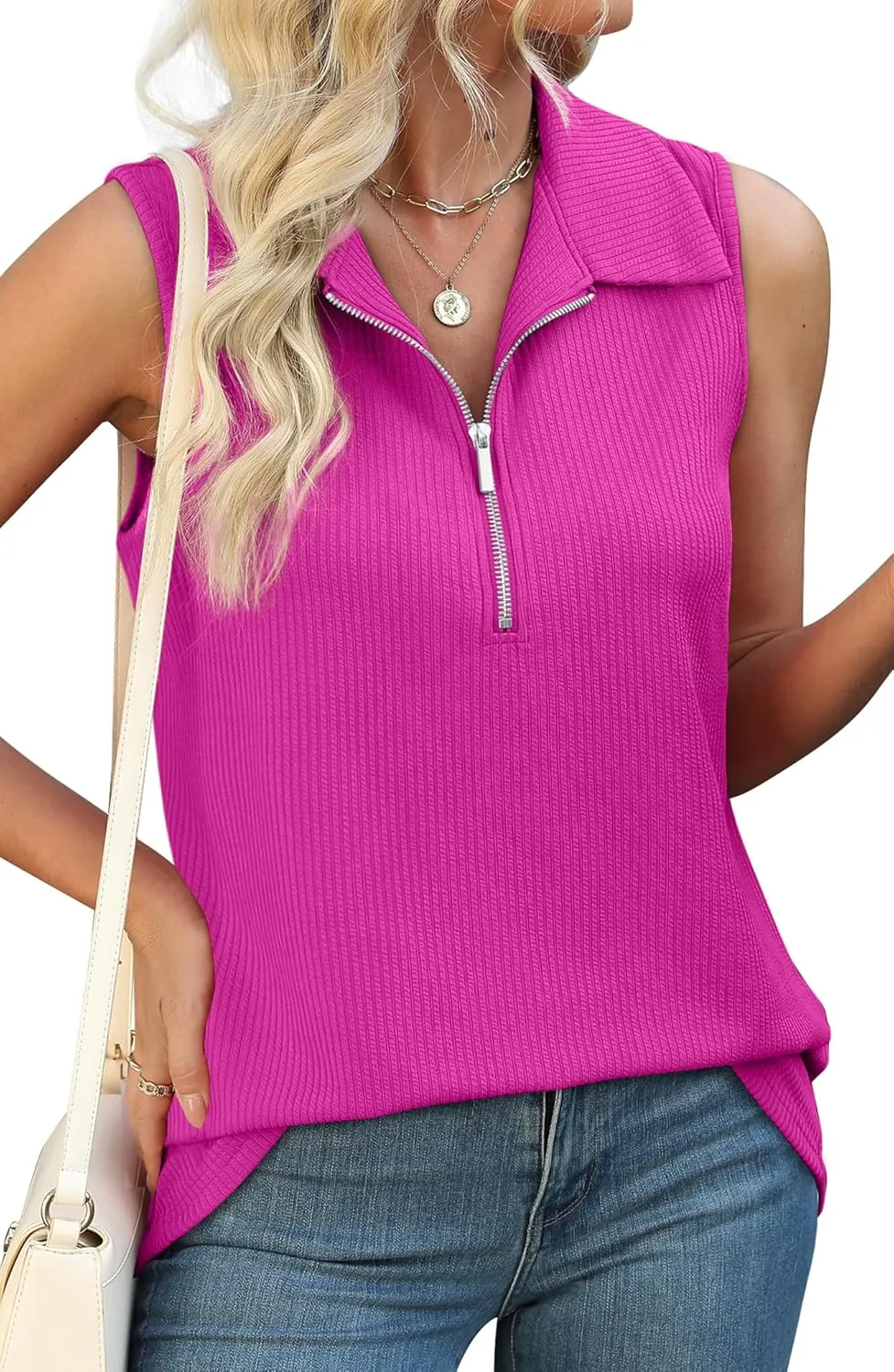 XIEERDUO Womens Summer Tops V Neck Collared Shirts Dressy Casual Ribbed Tank Top with Zipper Loose Fit