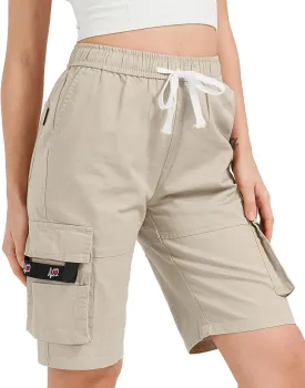 XinYangNi Women's Casual Cargo Shorts with Pockets Elastic High Waist Drawstring Bermuda Shorts for Women
