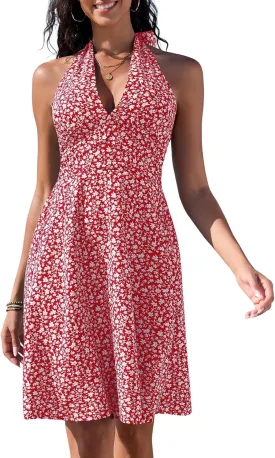 ZAFUL Women's Ditsy Floral Cami Mini Dress V-Neck Cross Back Ruched Frilled A-Line Dress Swing Skater Beach Dress