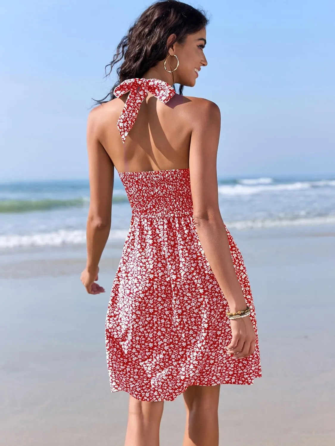 ZAFUL Women's Ditsy Floral Cami Mini Dress V-Neck Cross Back Ruched Frilled A-Line Dress Swing Skater Beach Dress